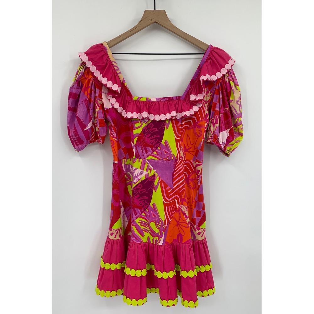 Alden Adair Dress Womens XS Pink Ric Rac Ruffle Puff Sleeve Colorful Mini
